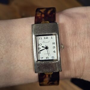 Osirock Silver & Brown Tortoise Cuff Band Analog Quartz Watch, Vtg 90s